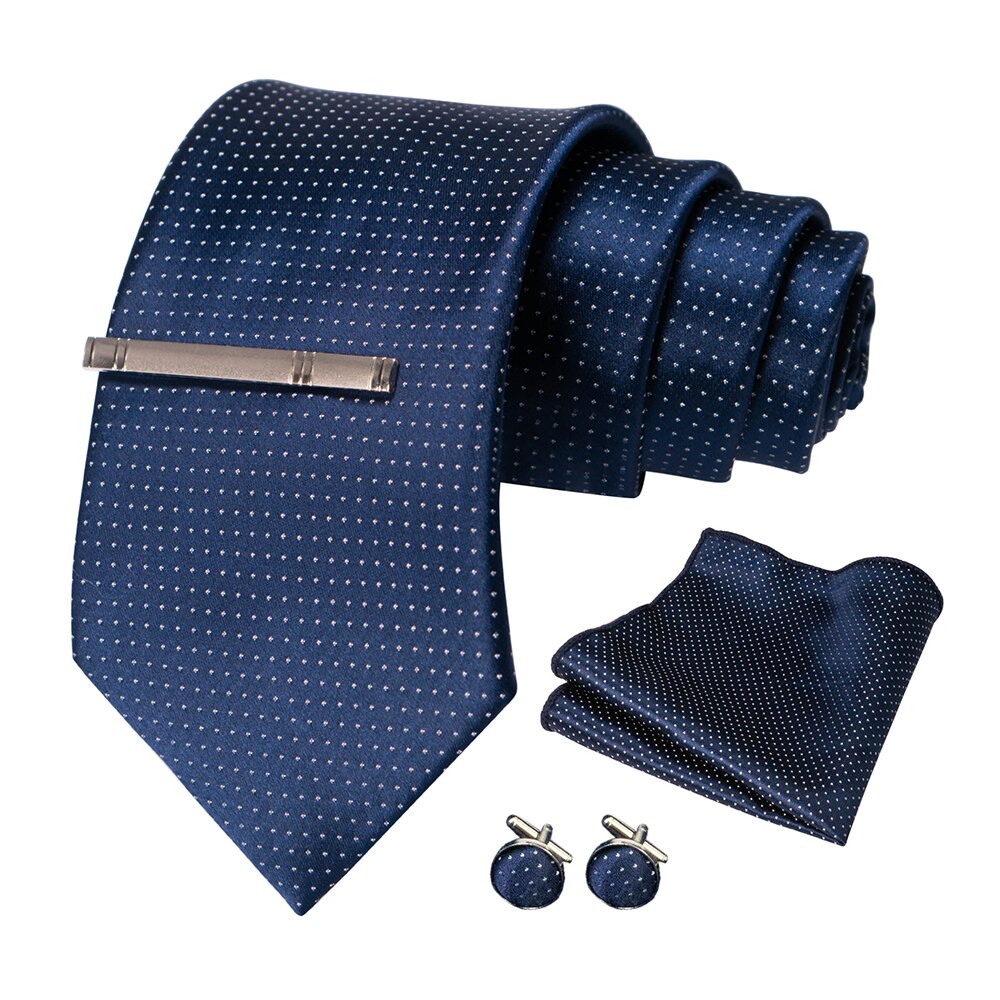 JEMYGINS – cravate en soie pour hommes, ensemble de boutons de manchette, à carreaux, rayures, bleu marine, 100%: 008