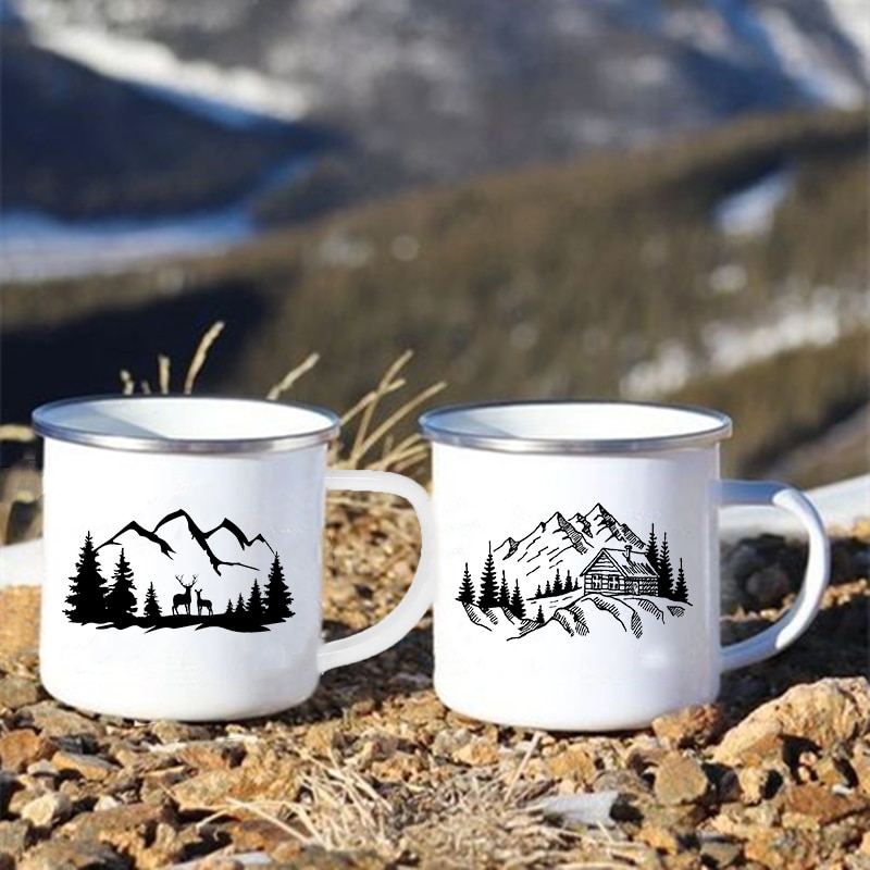 Taza con estampado de bosque y montaña, tazas creativas para café, té, bebidas, agua, desayuno, leche, Camping, senderismo, con asa,
