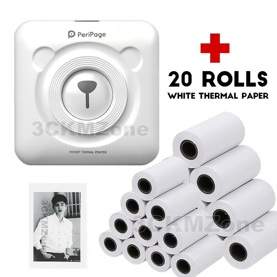 Portable Bluetooth Photo Picture Printer 58mm Mini Wireless Connection Pocket Peripage Printer For Children Kids Christmas: White-20-ROLLS Pape