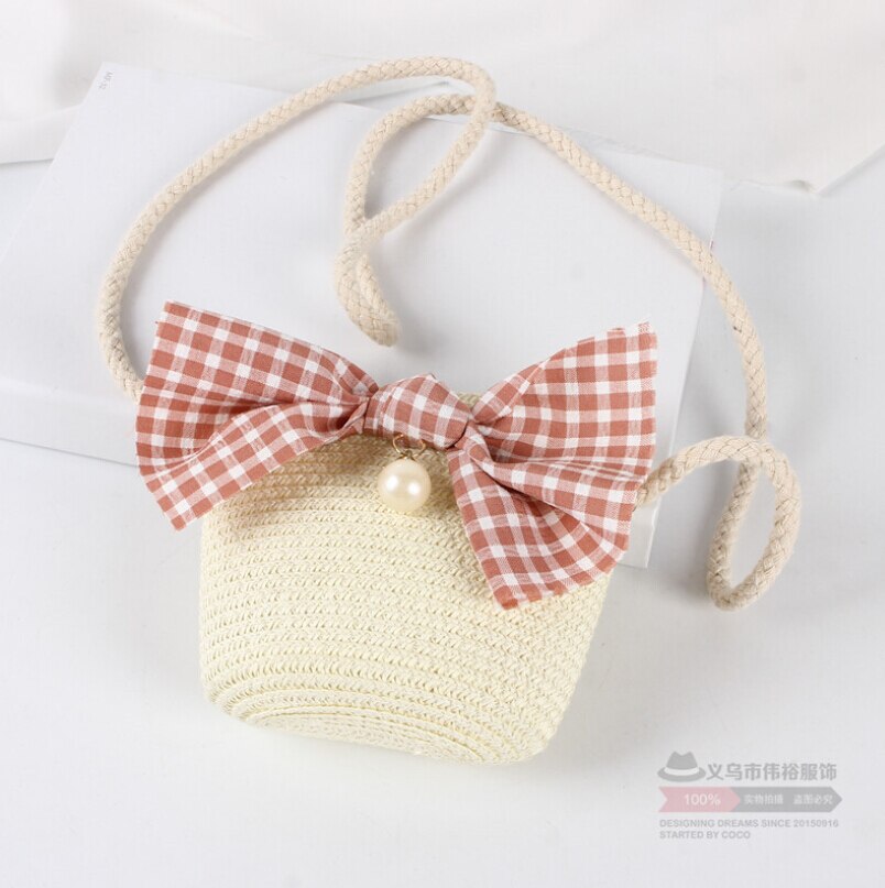 Ragazze dei capretti di Paglia Dovrebbe Sacchetto di Crossbody Borsa con bel Fiocco Fatto A Mano Puro di Tessitura di Spalla Sacchetto Della Spiaggia di proprietà Della Perla Della Chiusura Lampo Della Borsa