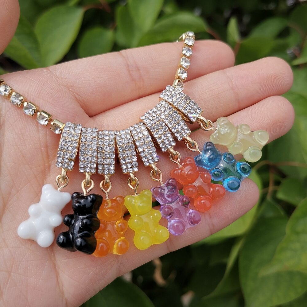 Verloren Dame Leuke Candy Kleur Beer Hanger Kettingen Strass Ketting Voor Meisjes Vrouwen Sieraden