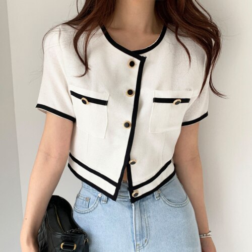 Gagarich damesjas koreaanse stijl chique ronde hals kleur bijpassende chique enkelrijs rechte dunne navel cropped jas top: Wit / M