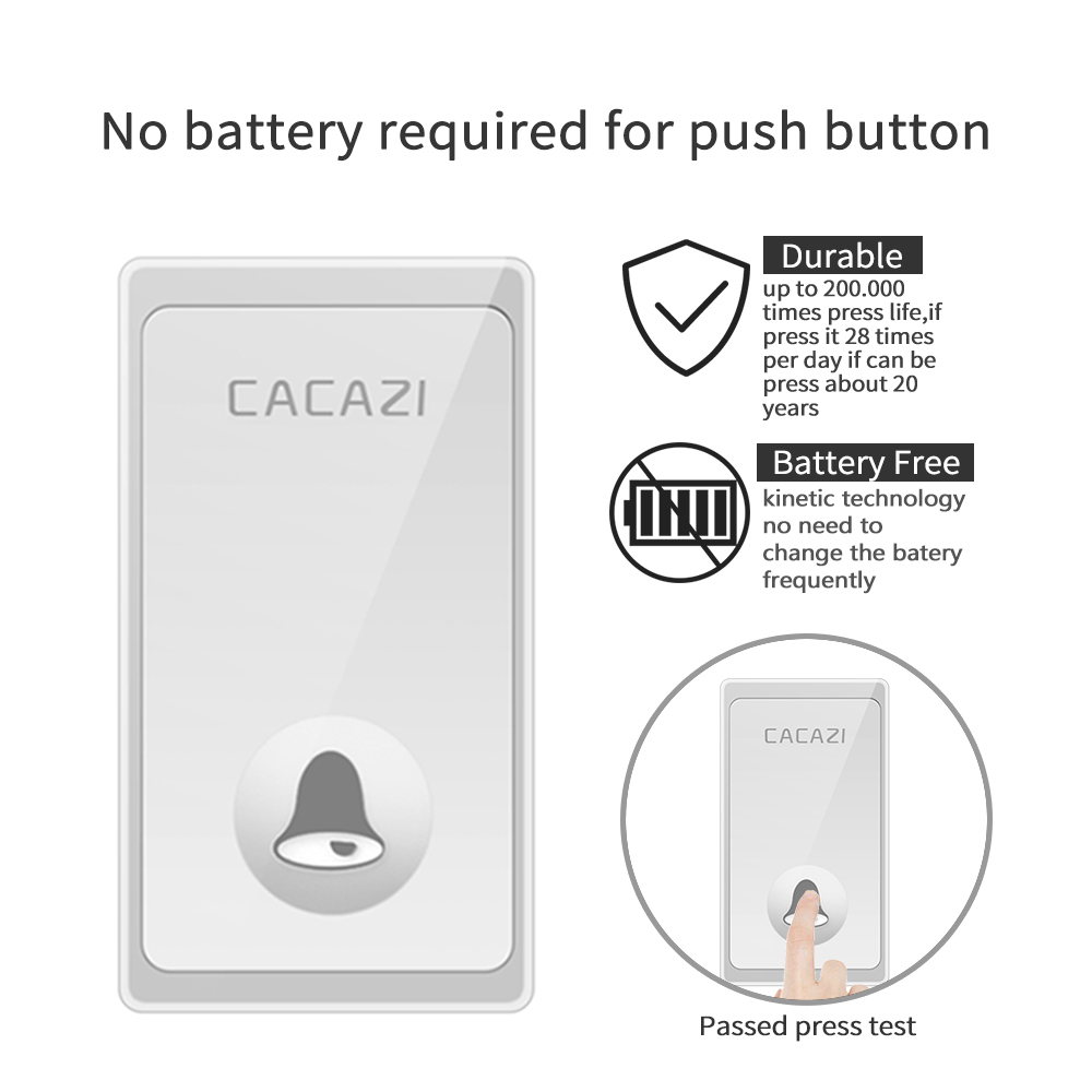 CACAZI No Battery Required Wireless Doorbell 2 Buttons 2 Receivers US EU UK Plug Self-powered Waterproof Smart Home Call bell