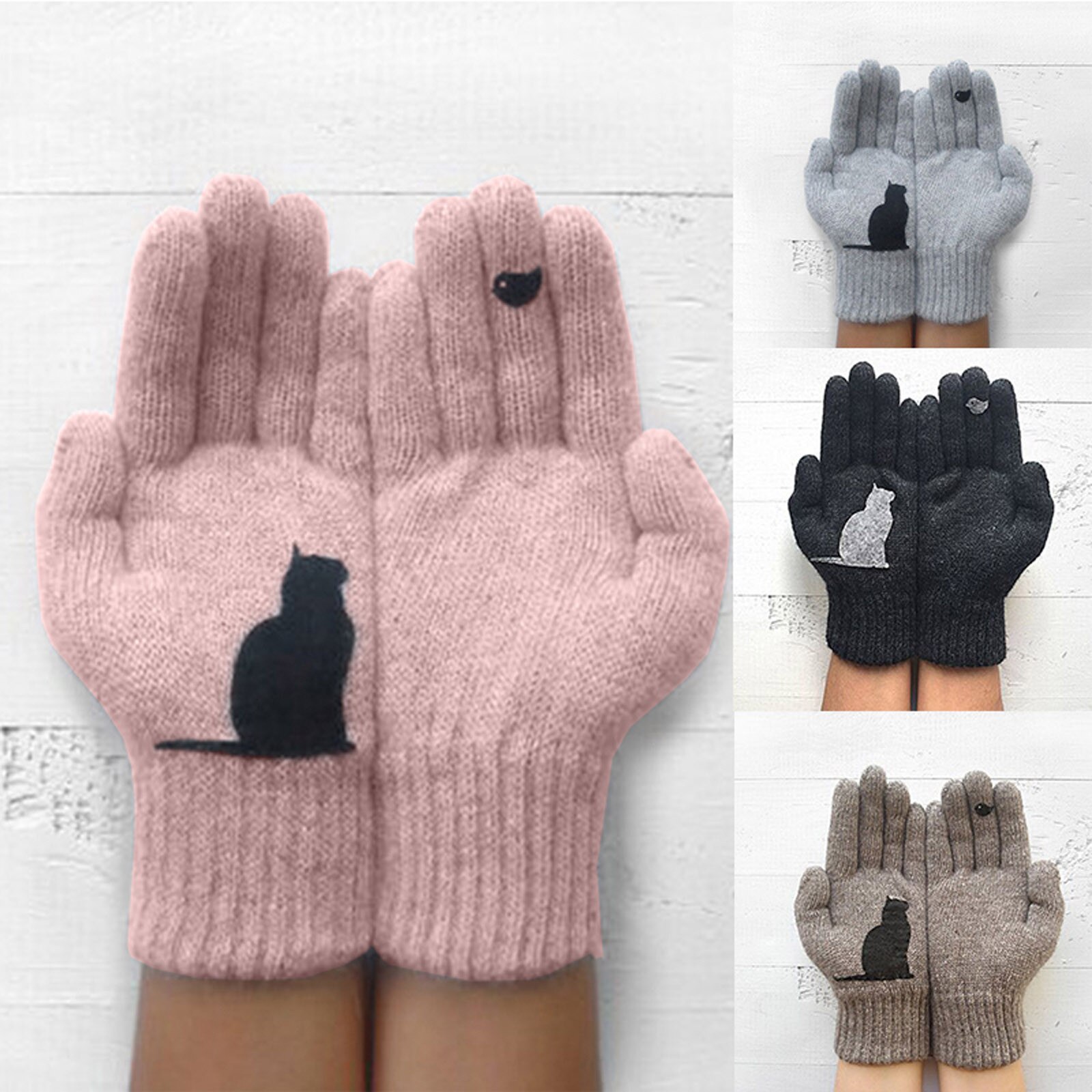 Top Selling In Dames Wollen Handschoenen Herfst En Winter Outdoor Warme Kat Afdrukken Handschoenen Ondersteuning En
