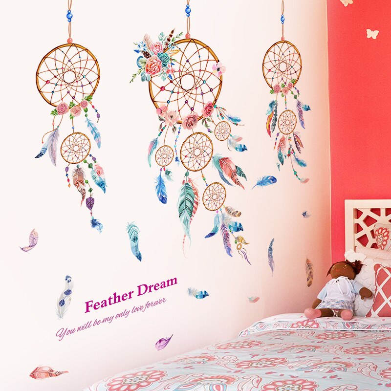 Drömfångare fjäder väggklistermärke diy tecknad flicka blommor väggmålningar dekaler för barnrum baby sovrum dekoration