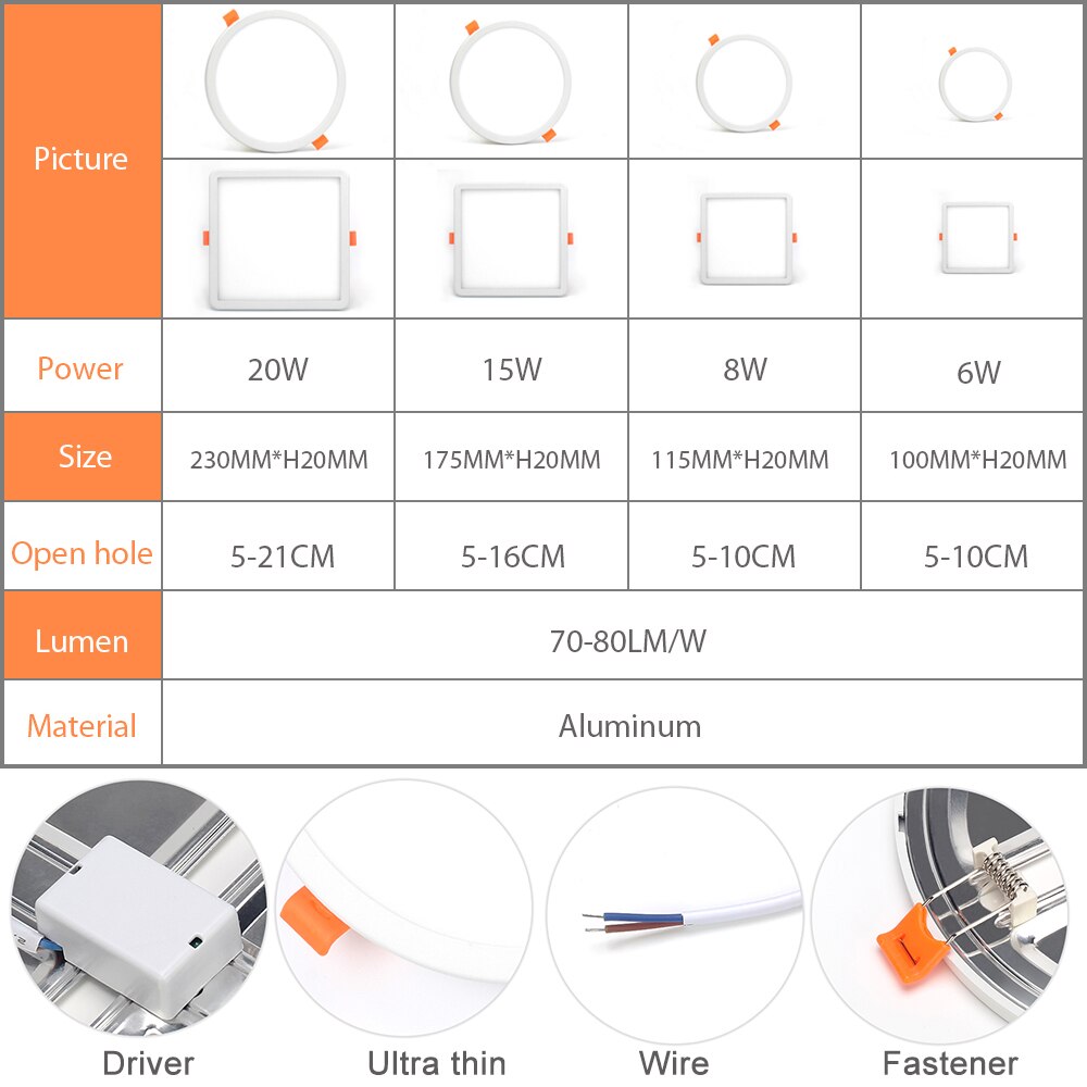 Ultra Thin LED Panel Downlight Square 6W 8W 15W 20W Fastener movable Aluminum Ceiling Recessed Light White 6000-6500K AC85-265V