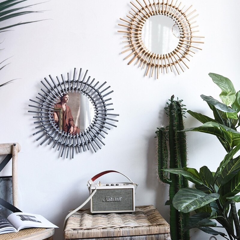 Espejo de ratán para tocador, decoración artística, espejos creativos de maquillaje, accesorios de foto para sala de estar, espejo de pared de habitación