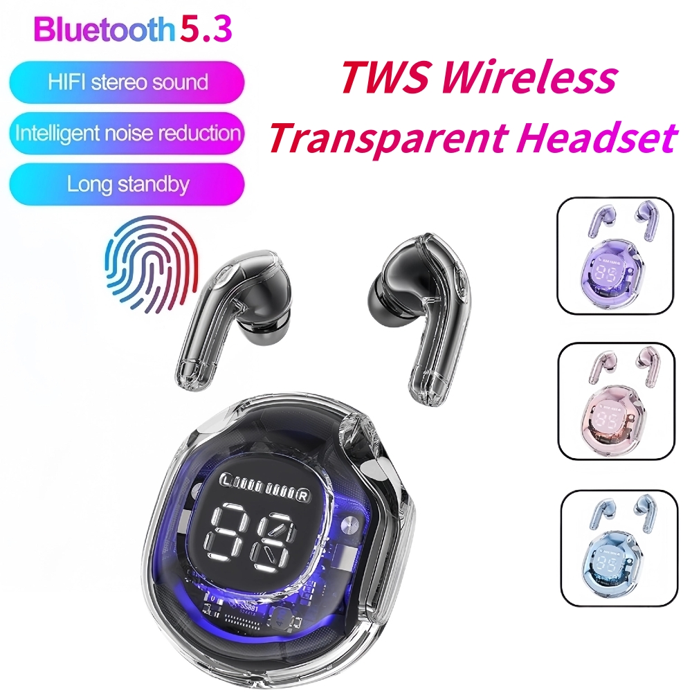 Transparent Headphones Wireless Bluetooth 5.3 ENC Sport Game Noise Reduction With Mic Stereo Headset with LED Display Earphones