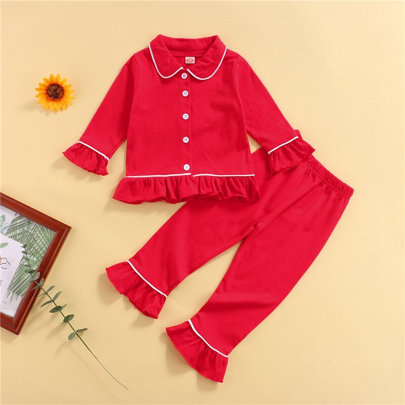 Ensemble pyjama pour bébé fille, chemise à manches longues et ourlet à volants à revers avec boutons + pantalon à taille élastique, vêtements de maison décontractés, costume 2 pièces, 18 mois à 6 ans
