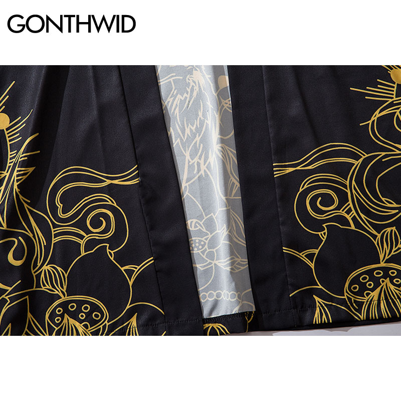 GONTHWID Lotus Bloemen Print Japanse Kimono Vest Jas Jassen Harajuku Hip Hop Casual Losse Tops Streetwear Shirts Jassen