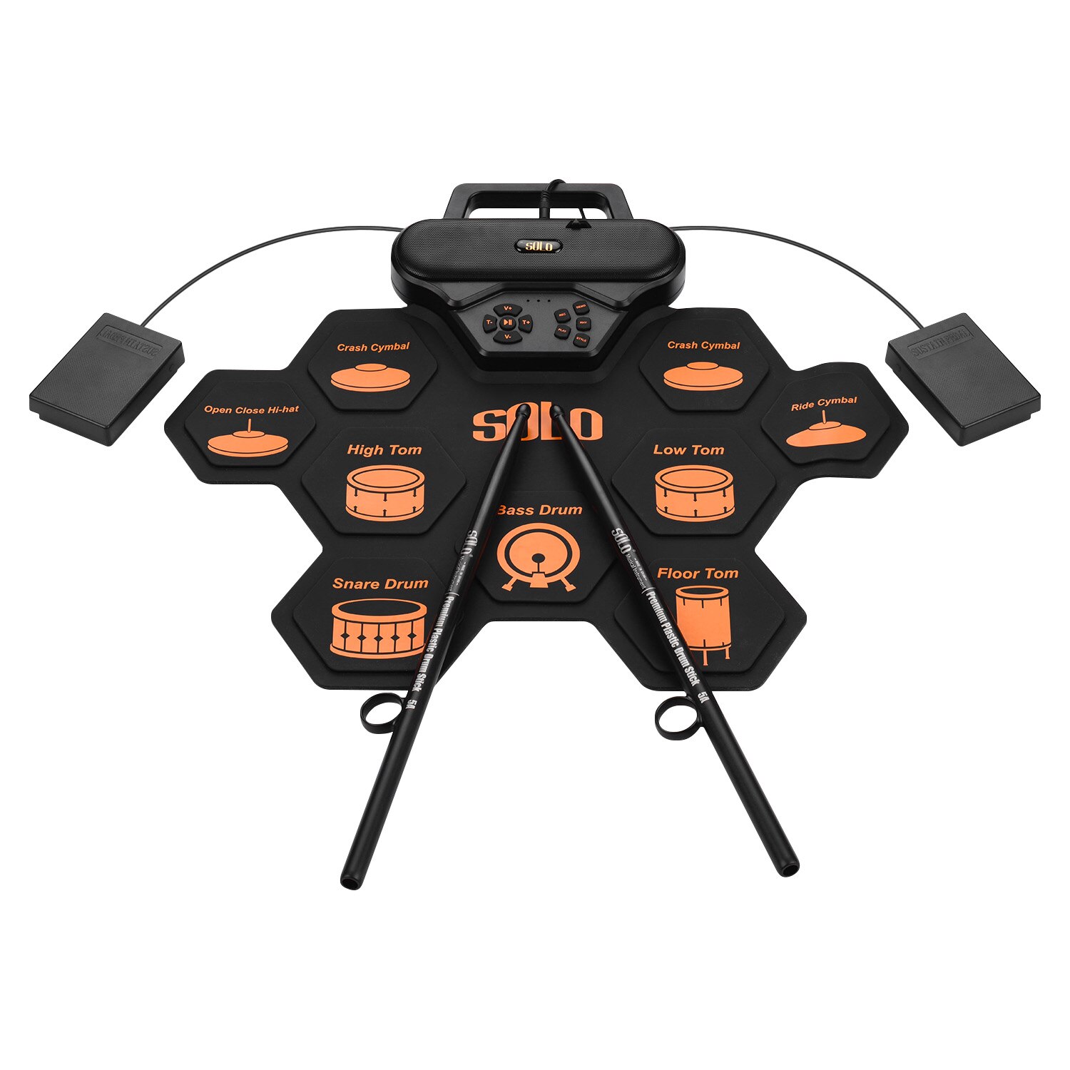 SOLO SD-50 Portable Electronic Drum Pad Digital Silicone Roll-Up Drum Practice Kit 9 Labeled Pads 2 Foot Pedals