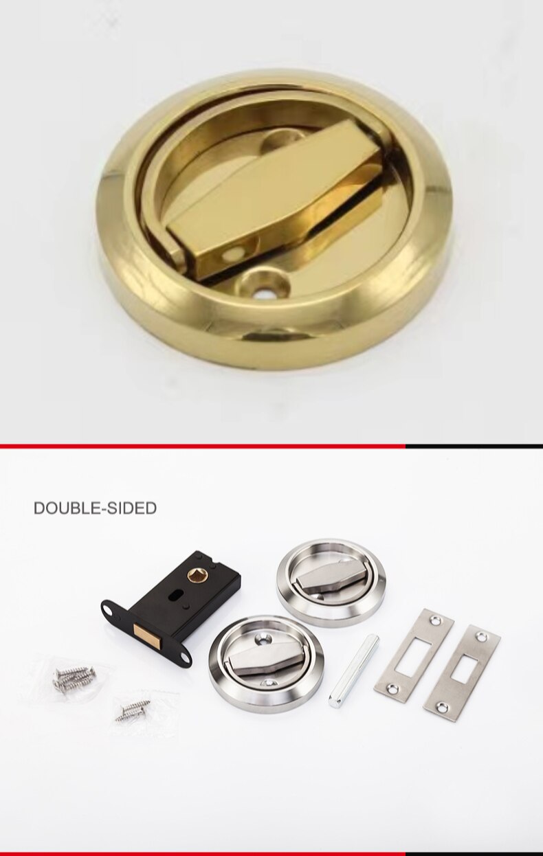 Stainless Steel 304 Recessed Invisible Cup Handle Privacy Hidden Door Locks Cabinet Pulls Handle Fire Proof Disk Ring Lock: Double sided(Golden)