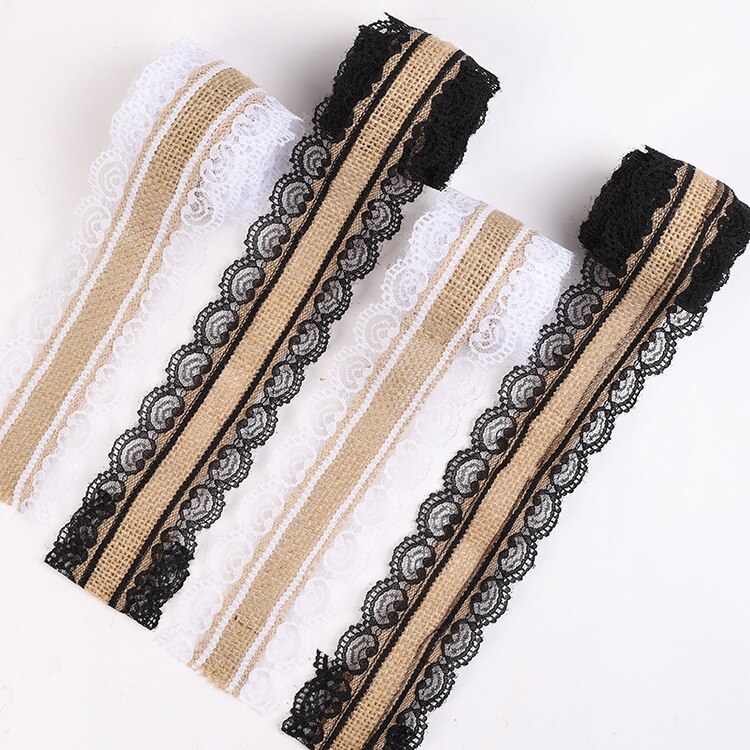 2.5 cm Jute Jute Linten met White Lace Trim DIY Handgemaakte Ambachten 2 Meter Stof Bruiloft Kerstmis Halloween Party Decoratie