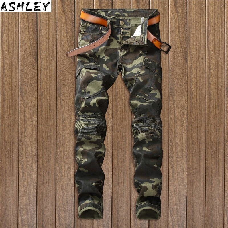Heren Straight Leg Jeans - Casual Plaid Biker Broek met Ritssluiting - Katoen Middelzwaar
