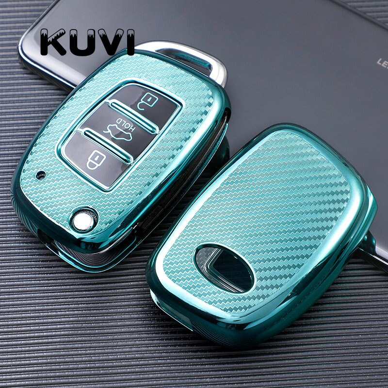 Carbon Fiber TPU Car Key Cover Case Shell for Hyundai Tucson Creta Ix25 I10 I20 I30 Verna Mistra Elantra Santa Fe: green