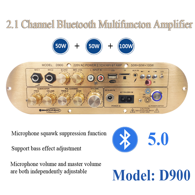 Audio Amplifier Board D900 TPA3116 Channel 2.1 Bluetooth5.0 USB Reverb Adjustment 50W+50W+100W Power Amplifier Board for Karaoke