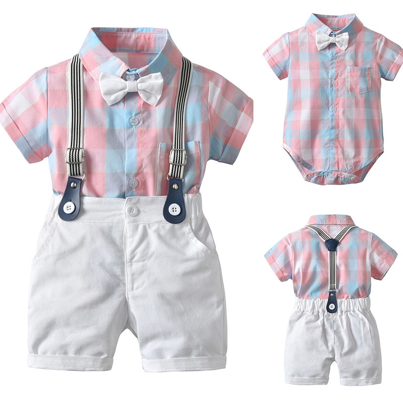Toddler Infant Baby Clothes Boys Gentleman Suits Outfit Clothes Plaid shirt Top Shorts Kids Clothing Boy Set