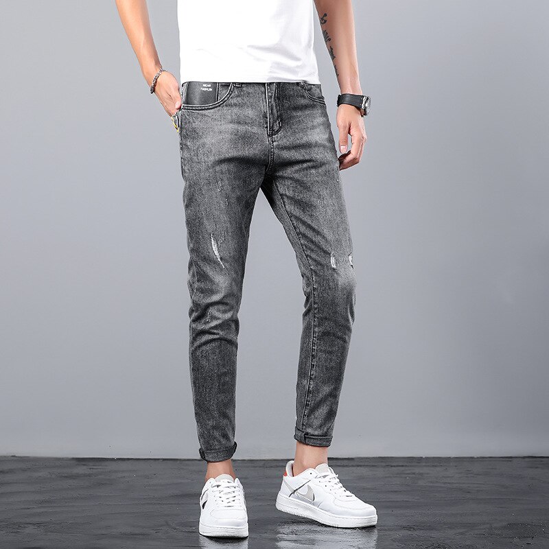 Men's Stretch Regular Harajuku Fit Jeans Black gray Casual Classic Style Denim Trousers thin Male Nine points Pants