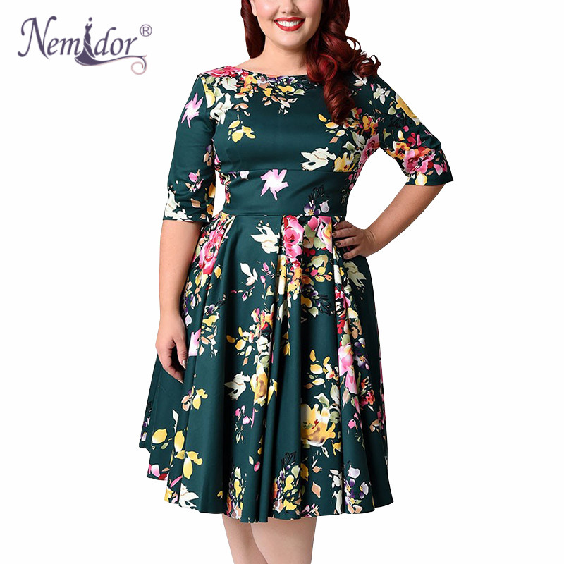 Nemidor Vrouwen 1950 s Vintage Half Mouw Plus Size 8XL 9XL Print A-lijn Jurk Sexy V-low Back Party midi Elegante Swing Jurk
