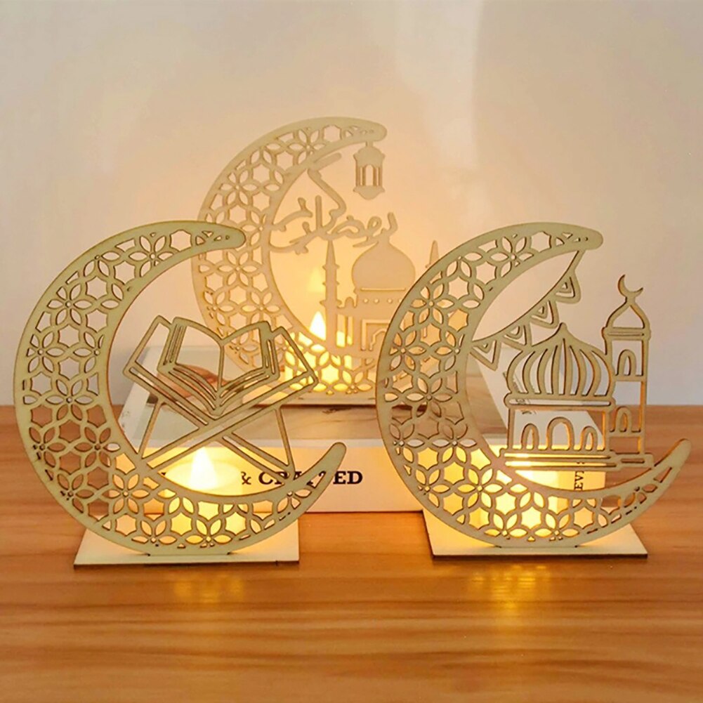 Ramadan Decoration for Home, Table Lamp Wooden Moon Star Night Lights Lantern for Party Ramadan Mubarak Eid Decoration