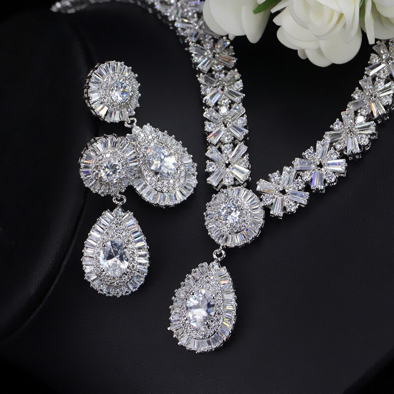 Threegraces Prachtige Zilveren Kleur Cz Grote Royal Blue Water Ketting Oorbellen Afrikaanse Sieraden Sets Voor Bruiden JS029: white gold white