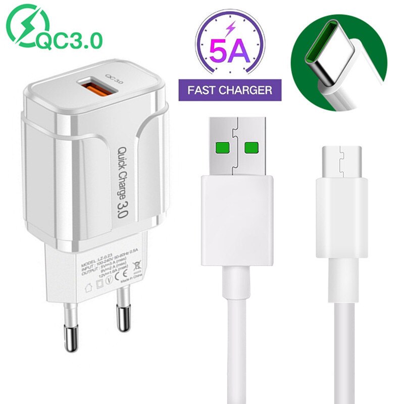 QC 3.0 Fast Charger USB adapter 5A Super Flash VOOC Charge cable For Samsung S20 FE A50 Xiaomi POCO X3 OPPO A92 F17 Realme 6 X50: Charger 1M Cable 5A