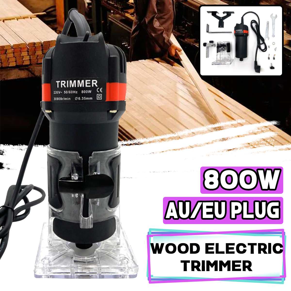 800W Electric Trimmer Wood hand trimmer Engraving Slotting Trimming Carving Machine 3000rpm Wood Trimmer Router EU/AU Plug