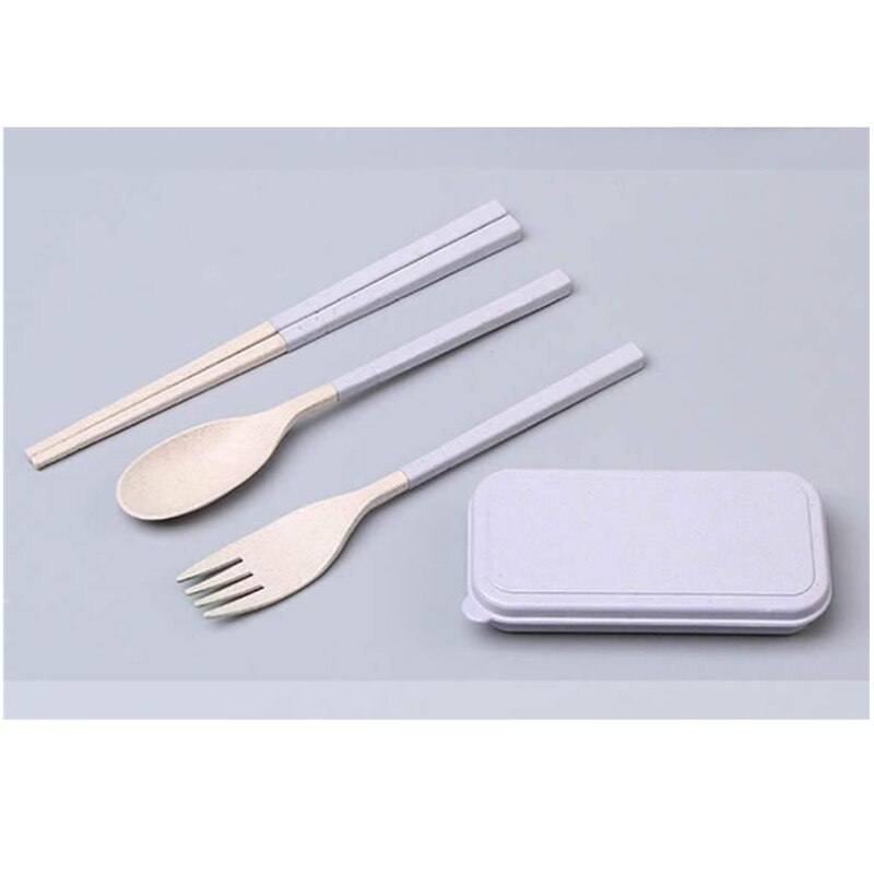 3 in 1 porslin utomhusbestick gaffel/sked/ätpinnar campingredskap bärbar hopfällning av vetehalm med fodral: Blå