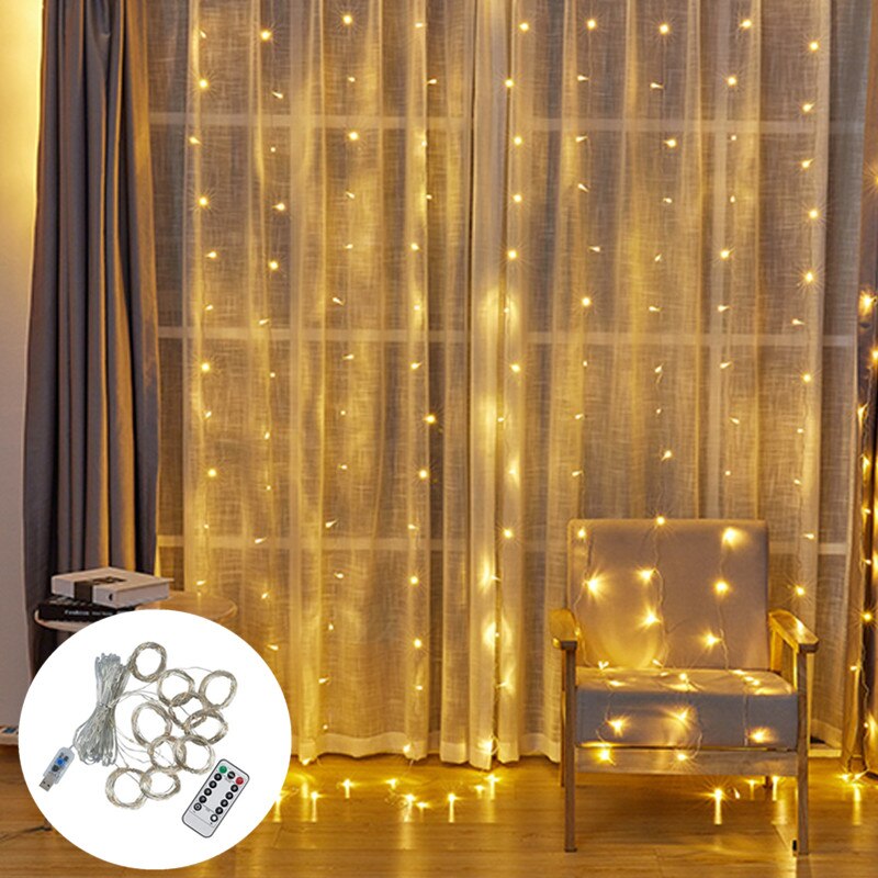 Guirnalda de guirnaldas de luces LED de 3m, lámpara de cortina con Control remoto, cadena de luces USB, adornos navideños para el hogar, dormitorio y ventana: USB Warm / 3M x 1M