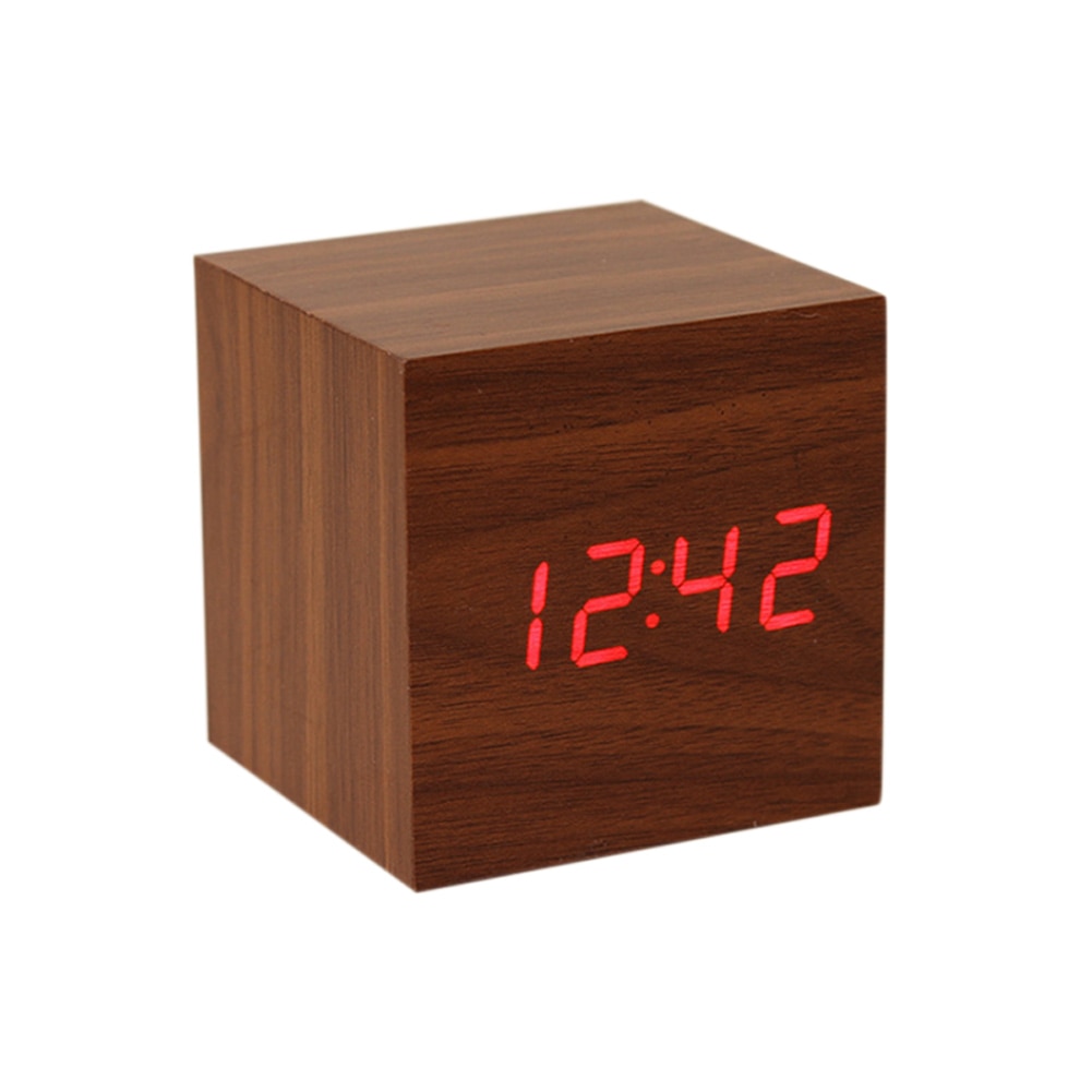 Square Desktop Table Digital Thermometer Clock Cube LED Wood Alarm Clock Sound Control: Brown
