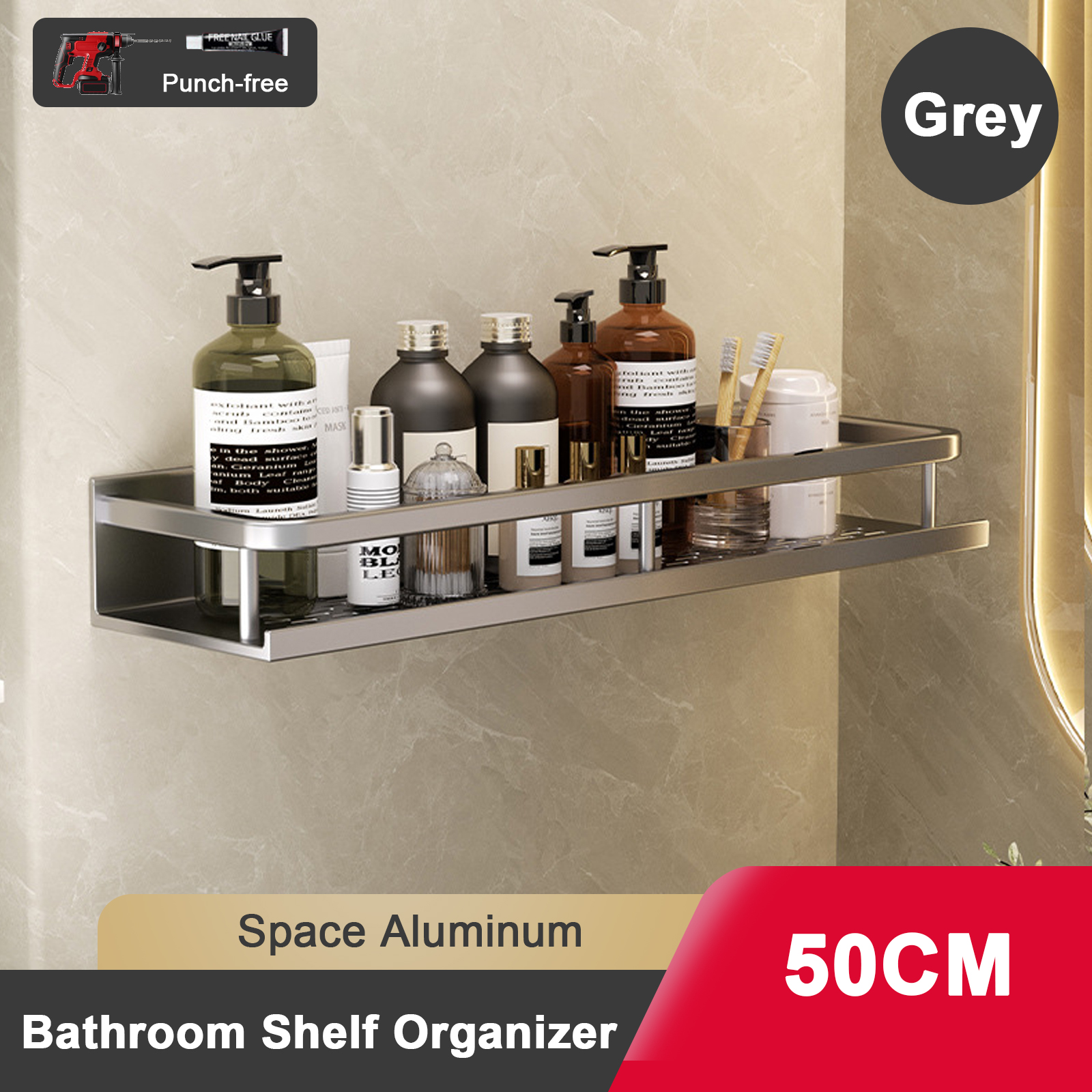 Support de salle de bain sans poinçon, étagère de salle de bain, espace de toilette en aluminium, sans perceuse, support suspendu, organisateur de salle de bain, accrocher au mur: Rose