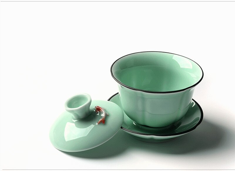 3D Goldfish Gaiwan Ceramic Longquan Celadon Tea Tureen Gongfu Tea Set Tureen Cup