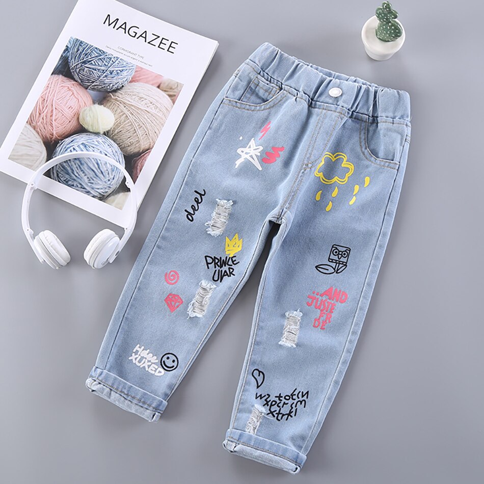 JYF – Jeans à imprimé de dessin animé pour enfants, pantalons longs décontractés avec trous, peinture Graffiti, printemps-automne: A / 3-4Y (Size 110)