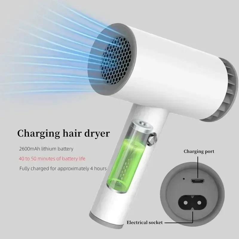 Portable Cordless Hair Dryer Fast Dry Hair Lithium Battery Rechargeable Blow Dryer Strong Wind Travel/Outdoor Plug in Air