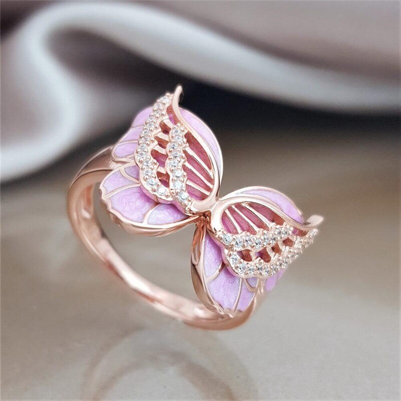 romantische Rosa Schmetterling Ringe Für Frauen Jahrgang Süße Ring Damen Engagement Ring Weibliche Mädchen Schmuck Goldene Ringe