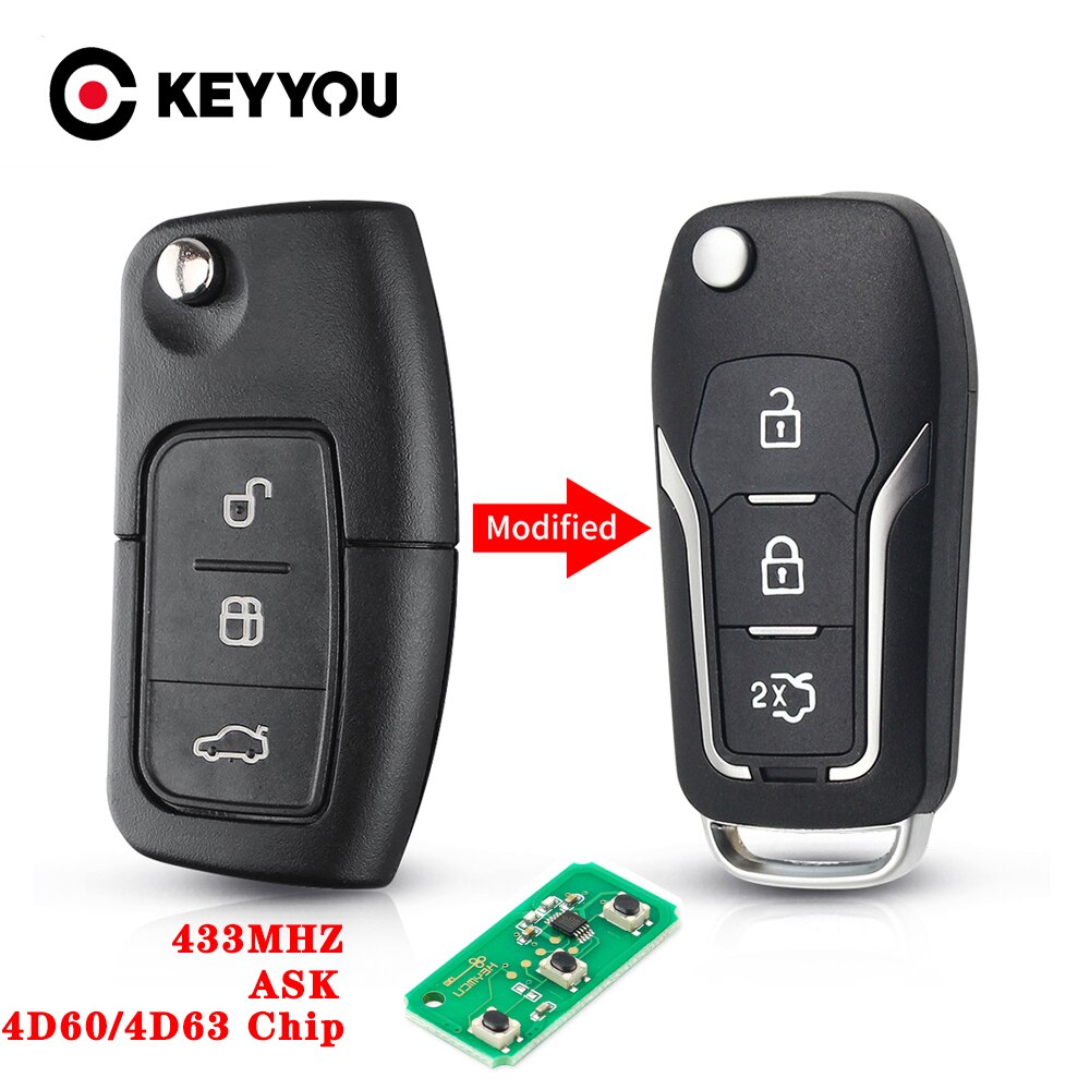 KEYYOU mando a distancia para llave de coche 4D60/63 433MHZ para Ford Focus 2 Ecosport, Kuga, Escape C Max Ka 3 botones HU101 Blade