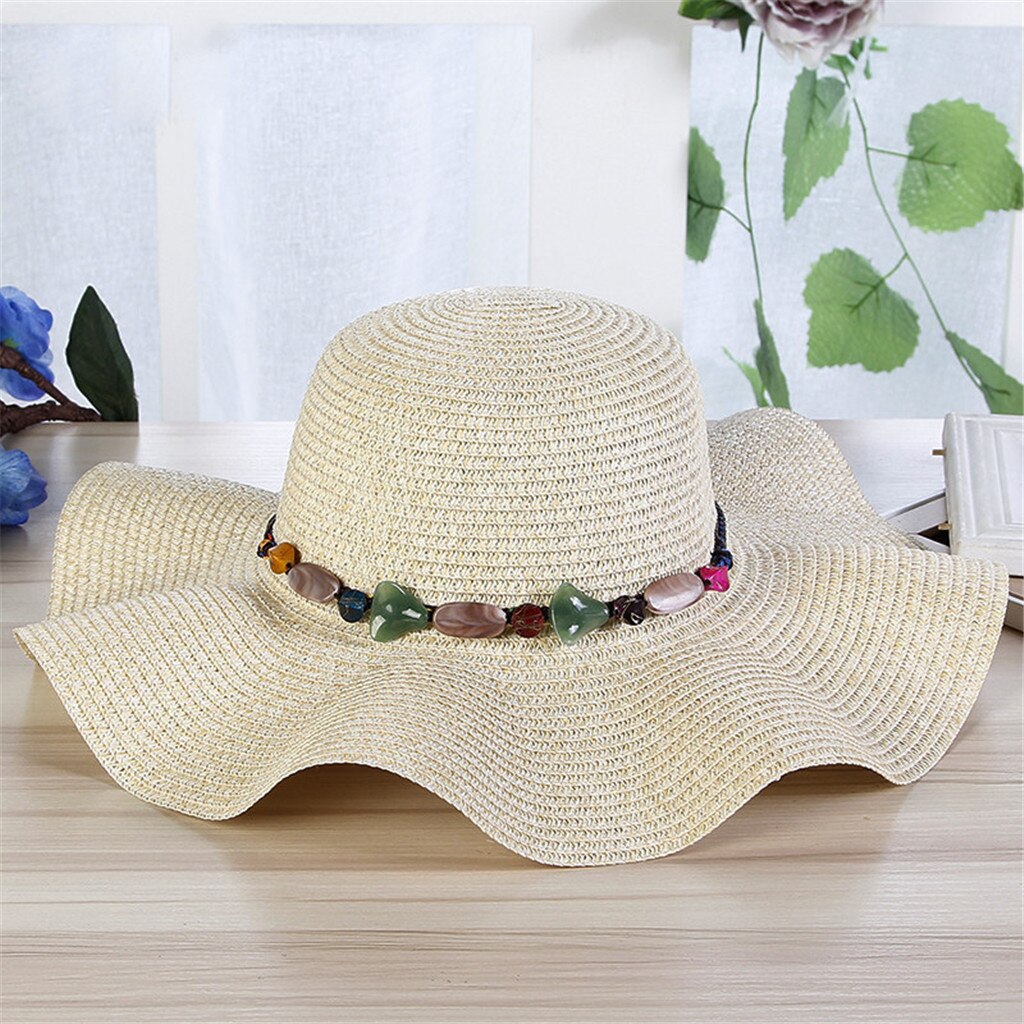 Women Big Wide Brim Straw Hat Colorful Stone Beach Sun Foldable Cap: BG
