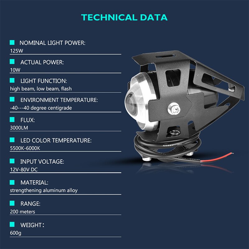 Faros auxiliares blancos para motocicleta, 2 uds., lámpara U5 led para moto, accesorios de foco de 12V para moto DRL, luces delanteras con interruptor