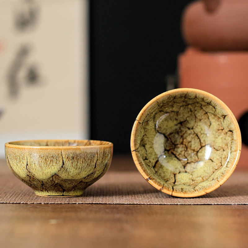 45ml copo de cerâmica doméstico forno mudança xícara de chá mestre copo de degustação copo de água azul cetim tigela de chá jianzhan casa de chá cha teaware: YELLOW