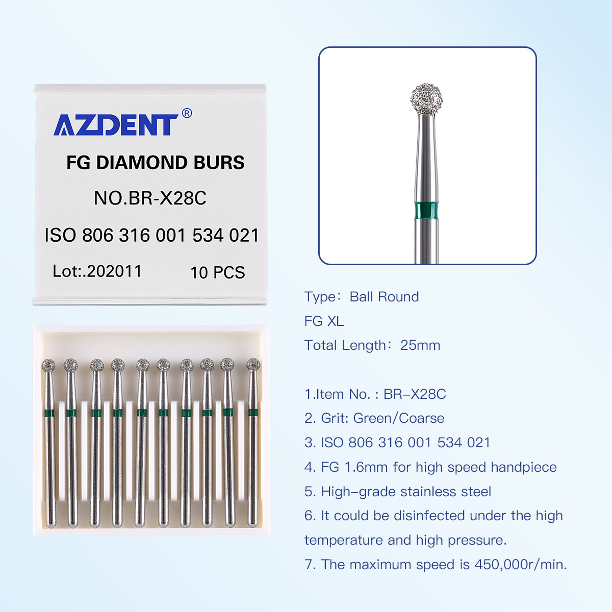 AZDENT Dental Diamond Bur FG Burs 1.6mm For High Speed Handpiece Length 25mm XL Type Ball Round Shape10pcs/Box: Red