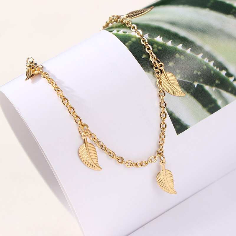 Rvs Bladgoud Kralen Barefoot Sandalen Enkelband Bohemian Tassel Link Chain Heart Voet Been Armband Voor Vrouwen