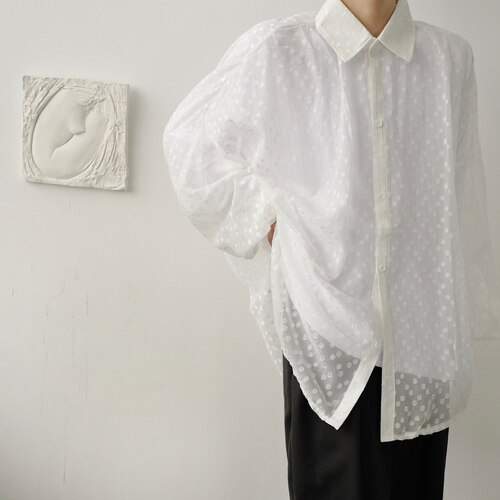 Xitao stippen dunne blouse dames wit zwart enkele borst lange mouw herfst los shirt dzl 1506: Witte dzl 1506