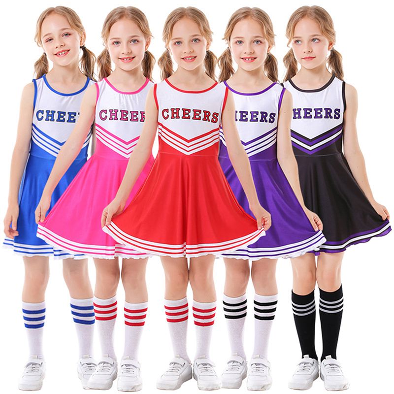 Children Cheerleader Costume School Girl Outfits Fancy Dress Cheer Leader Uniform Team Sports Uniforms Belly Button Tight Skirt