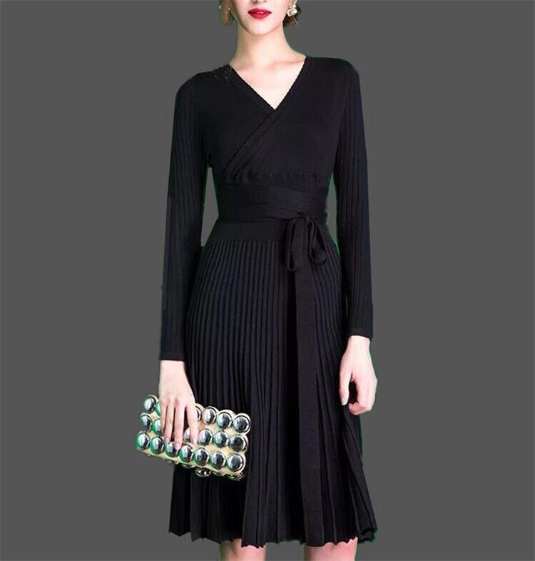 Women v neck pleated wrap a-line knitted dress bow tie sashes long sleeve female Autumn Spring mid calf vestidos B: Black