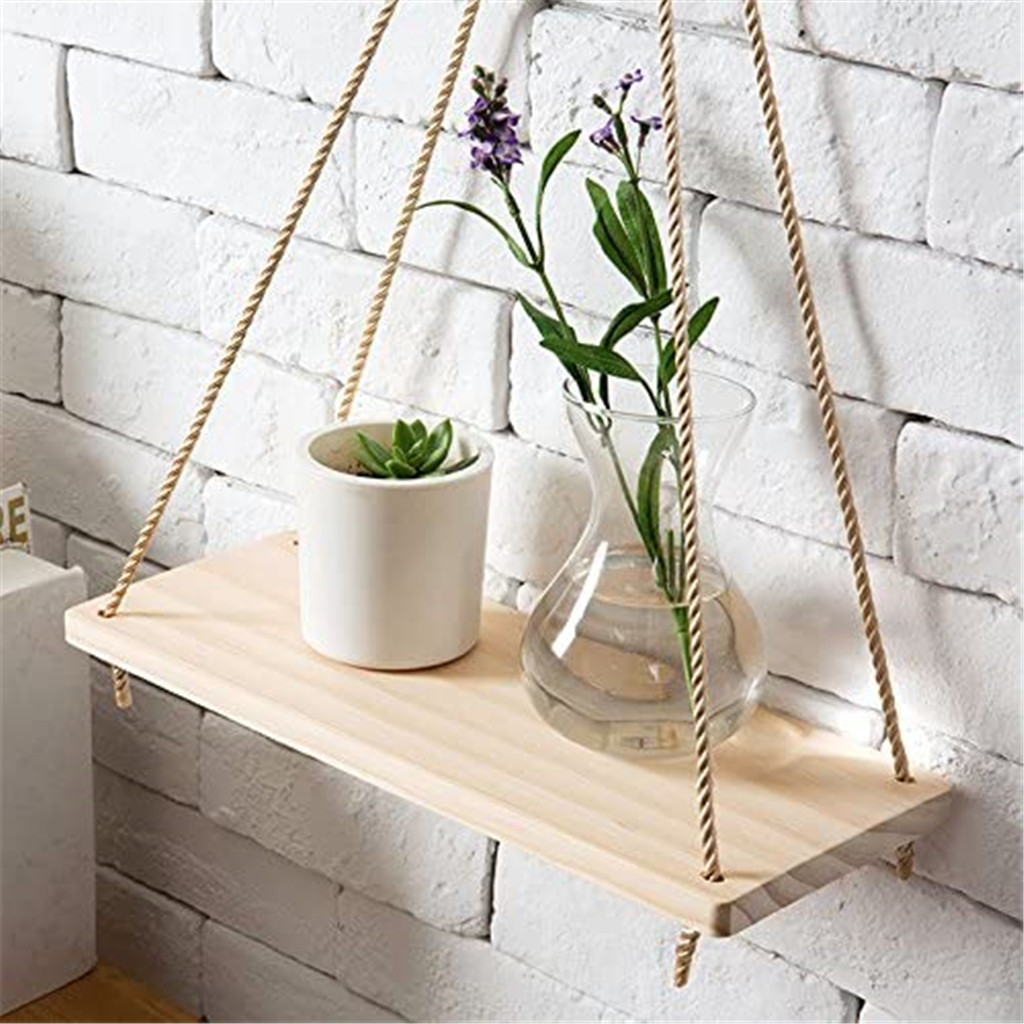 Premium Hout Swing Opknoping Touw Wandmontage Drijvende Planken-Plant Bloem Pot Home Decor