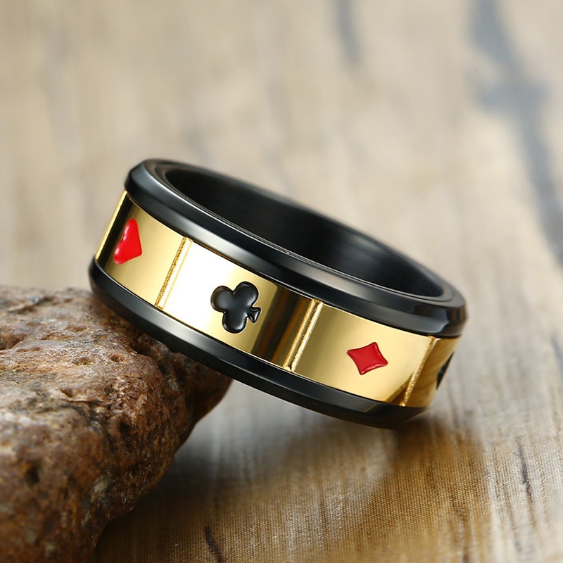 Anillo de acero inoxidable giratorio de 8mm para hombre, Color negro, juego de cartas de la suerte, póker, accesorios