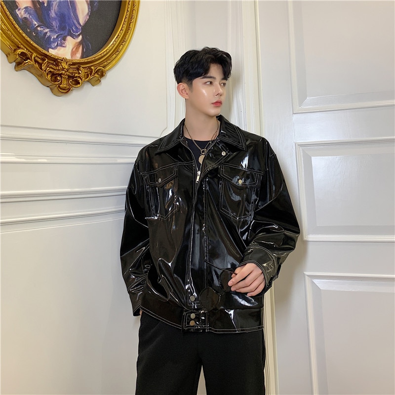 MIXCUBIC Korean style Cool Night club Glossy PU leather jackets men casual loose Glossy PU leather jackets for men,M-XXL