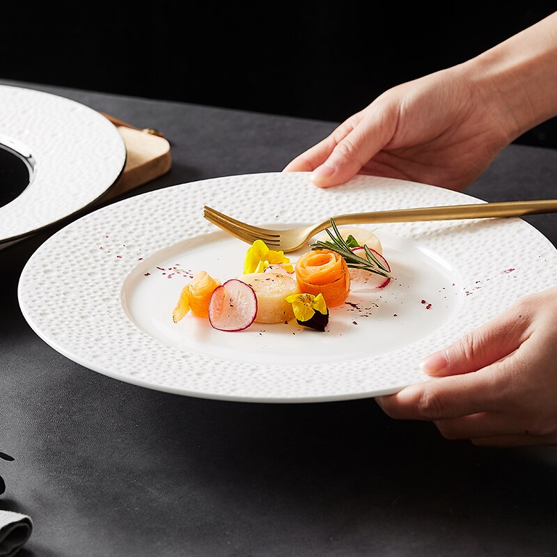 Plato de cerámica blanco y negro para comida occidental, sencillo y moderno para el hogar, redondo, Ramen, ensalada y postre, vajilla comercial