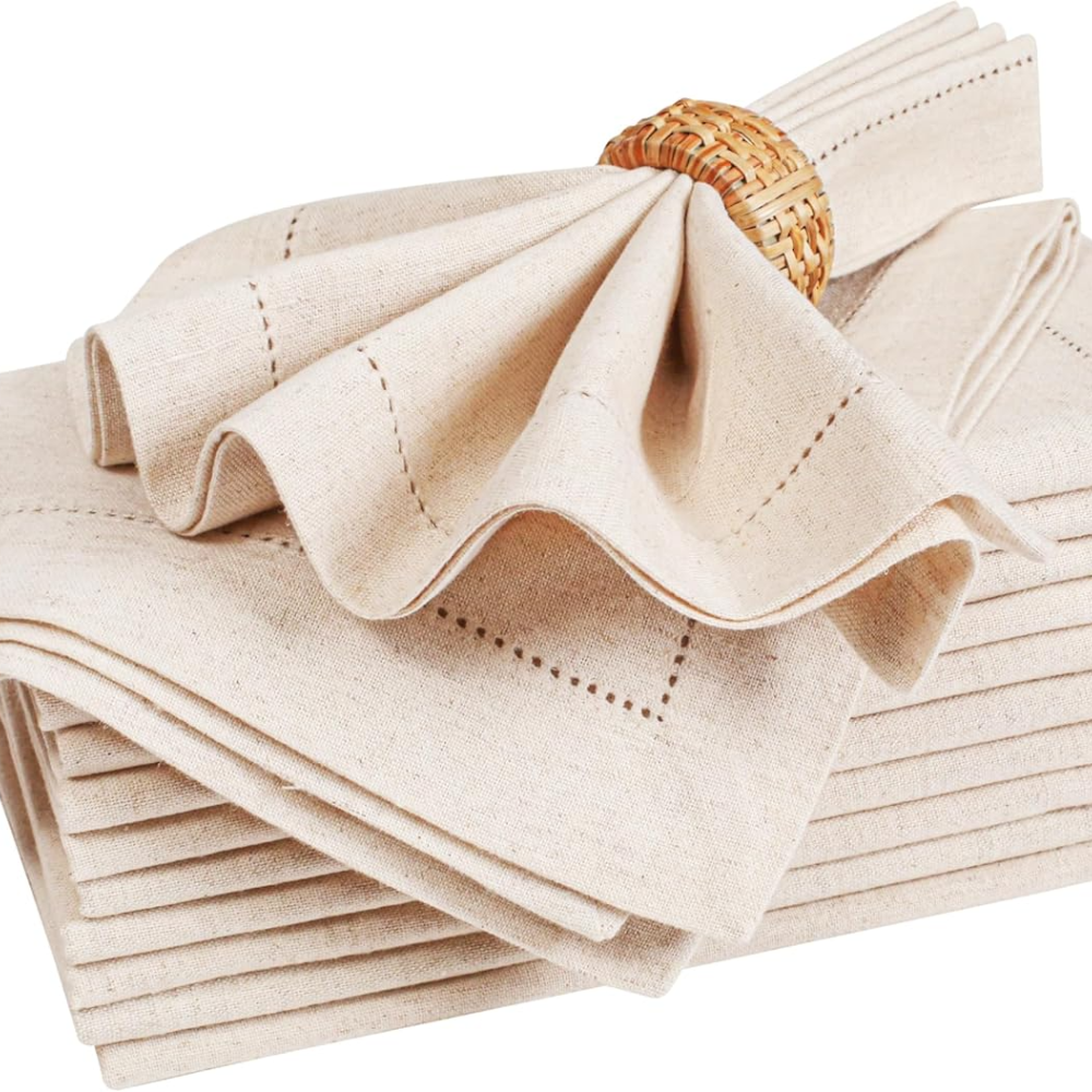 6er-Set Servietten aus Leinen mit Saumnaht, Weihnachts-Stoffservietten, Naturfarben, Abendessen-Servietten, waschbare Flachs-Stoffserviette