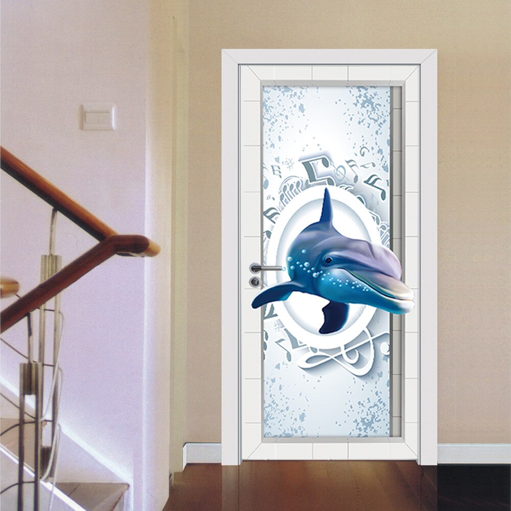3D Blue Dolphin Door Stickers Kids Room Bedroom Door Mural Wooden Steel Door Peel and Sticker DIY Renovation Wall Paper Decal
